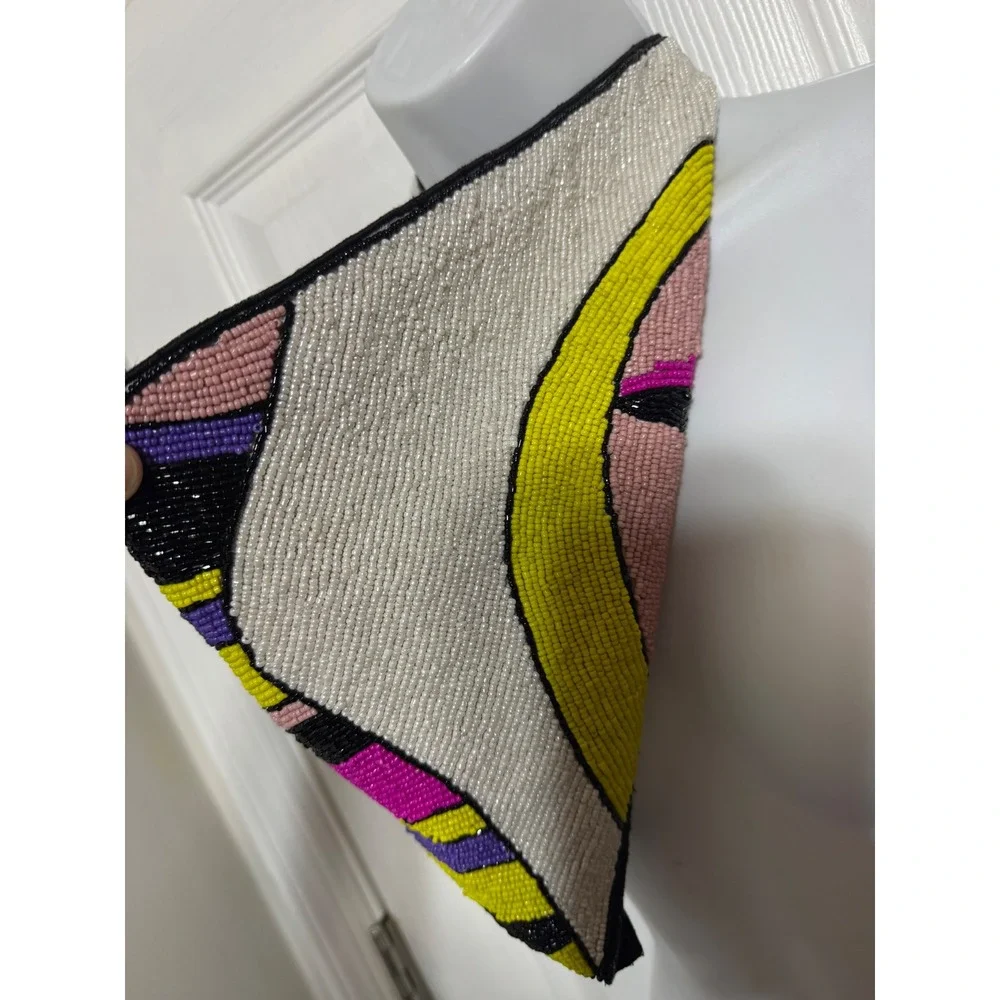 Vintage Beaded Triangle Scarf Necklace Abstract Pop Art Bandana Statement Pink